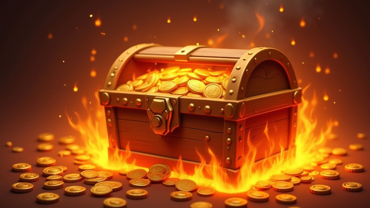 Cofre del tesoro rodeado de llamas y monedas de oro.
