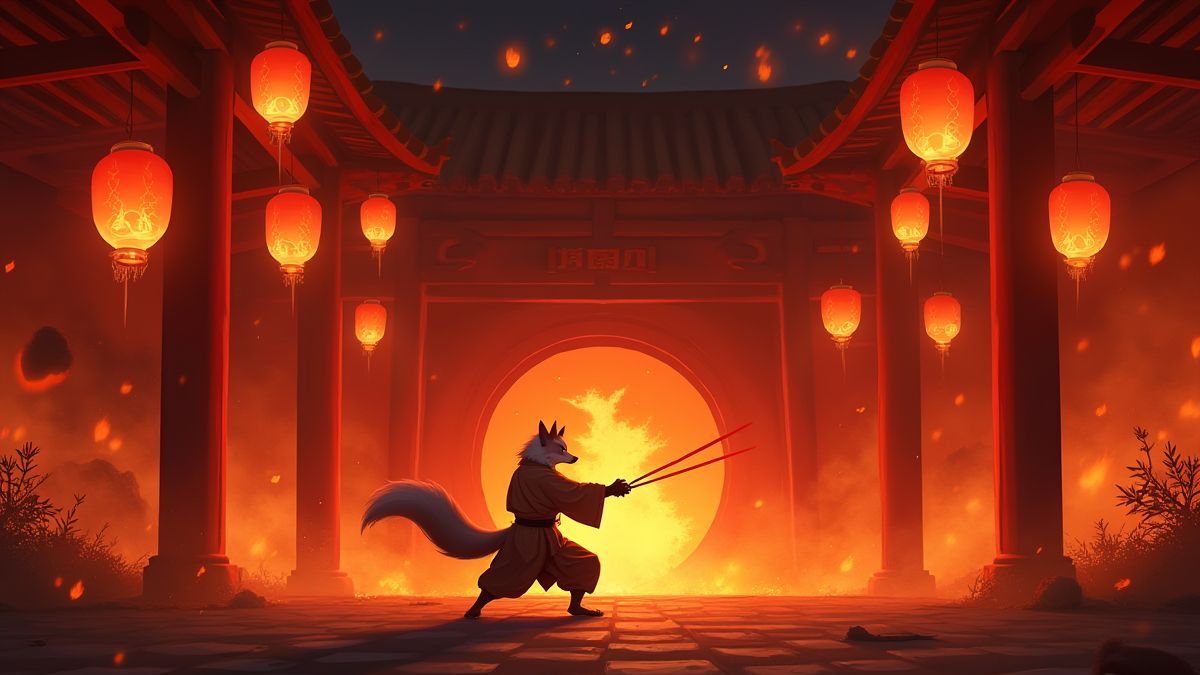 Fiery dojo with a mystical fox practicing martial arts.