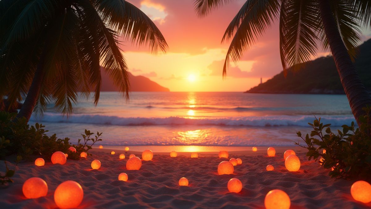 Playa tropical al atardecer con frutas brillantes dispersas.
