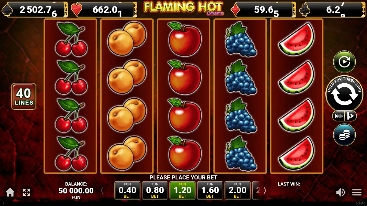 Pantalla del juego base de Flaming Hot Extreme