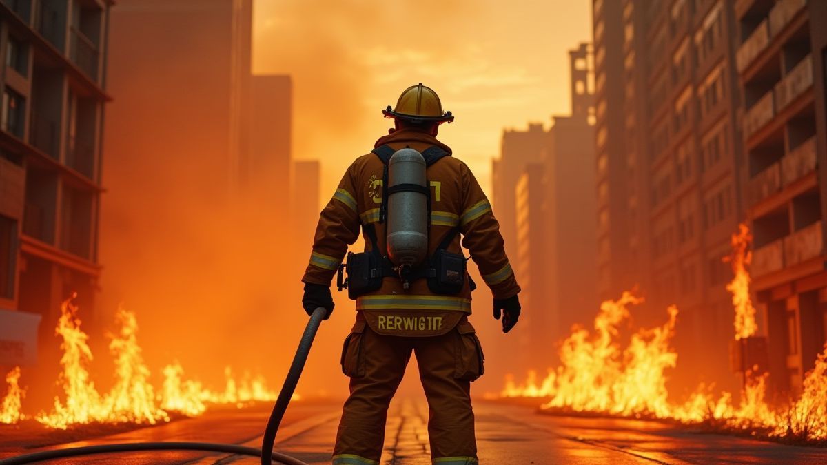 Un pompier soutenant une lance entouré de flammes et de bâtiments.