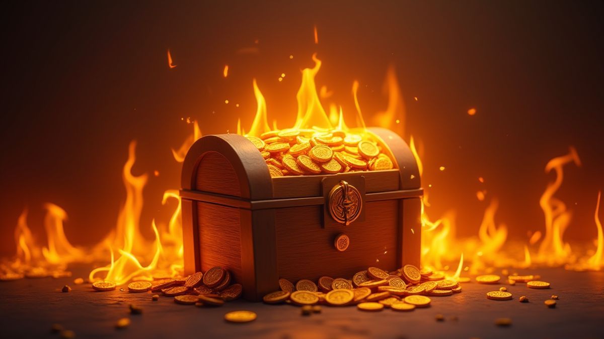 Un coffre au trésor resplendissant entouré de flammes.