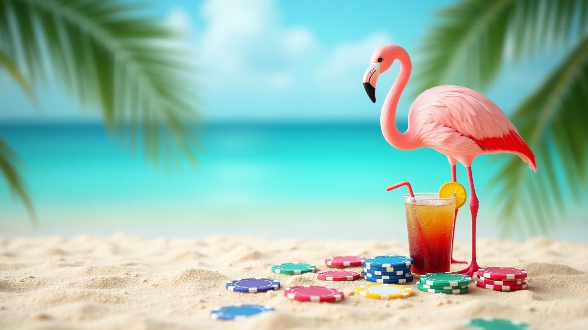 Tropischer Strand mit Pokermünzen und einem Flamingo, der einen Drink genießt.