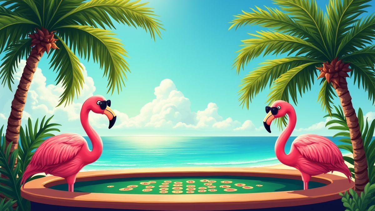 Tropischer Casino-Tisch umgeben von Flamingos mit Sonnenbrillen.