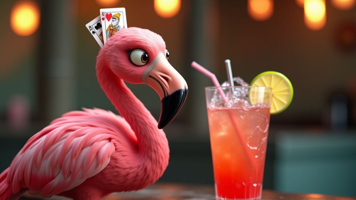 Animierter Flamingo, der Pokerkarten hält, mit einem Cocktail im Hintergrund.