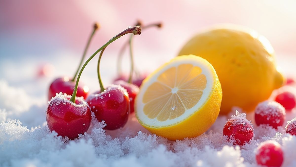 Icy cherries and lemons on a frosted background.