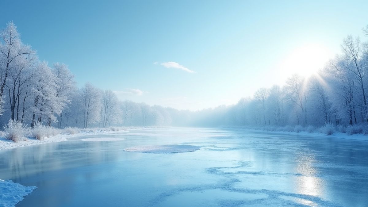 A frozen lake surrounded by frosty trees under a bright blue sky.