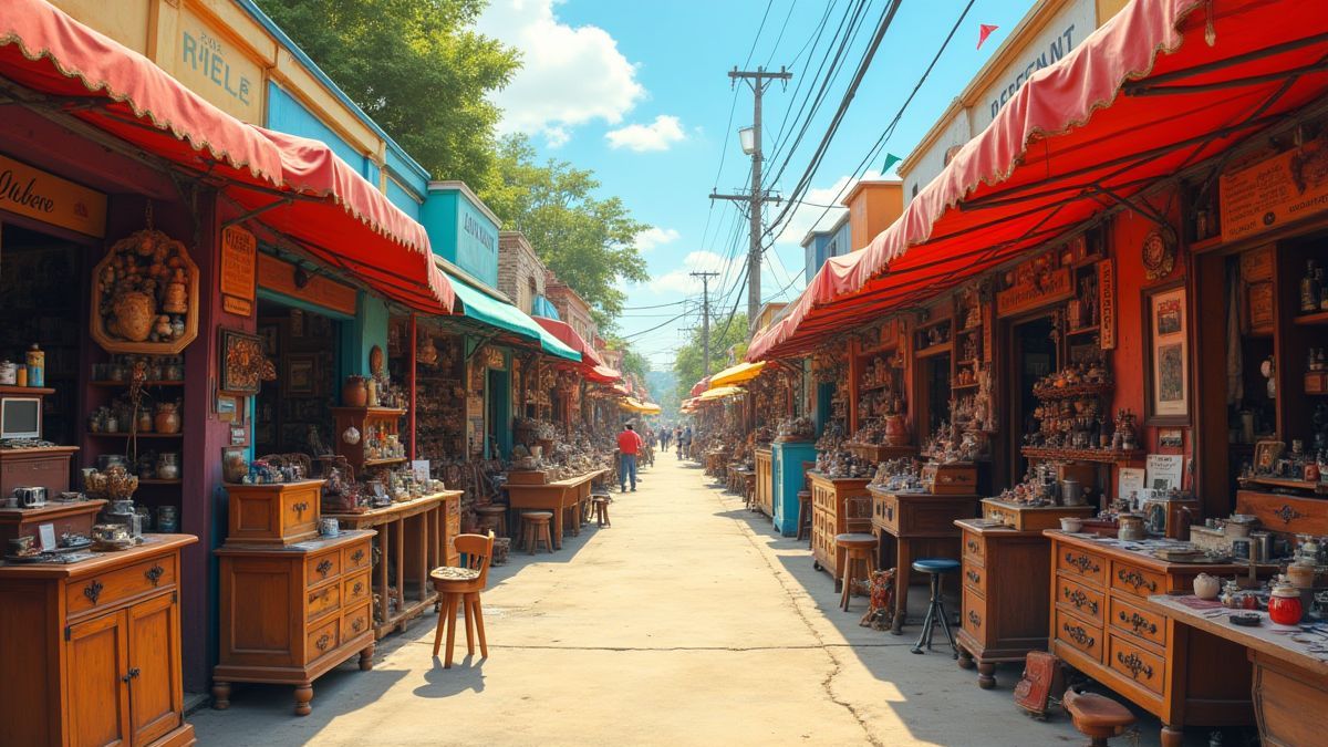 Bild eines Flohmarktes voller vintage Objekte und bunter Stände.