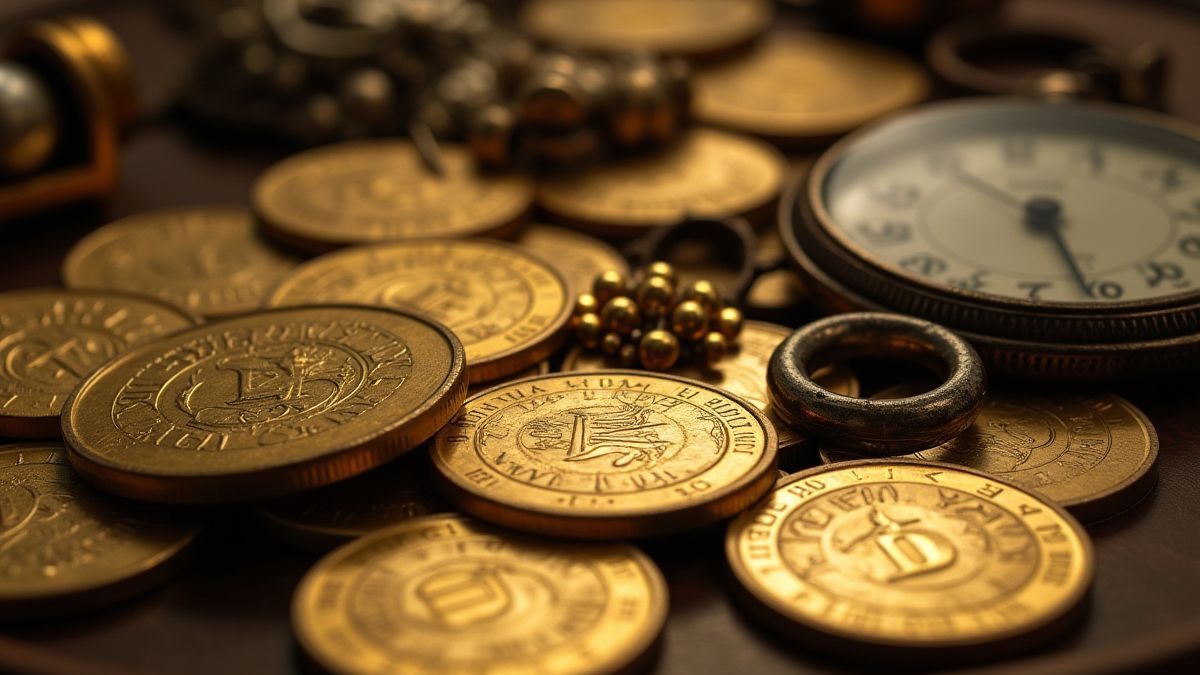 Stapel von Goldmünzen und vintage Objekten wie Uhren und antikem Schmuck.