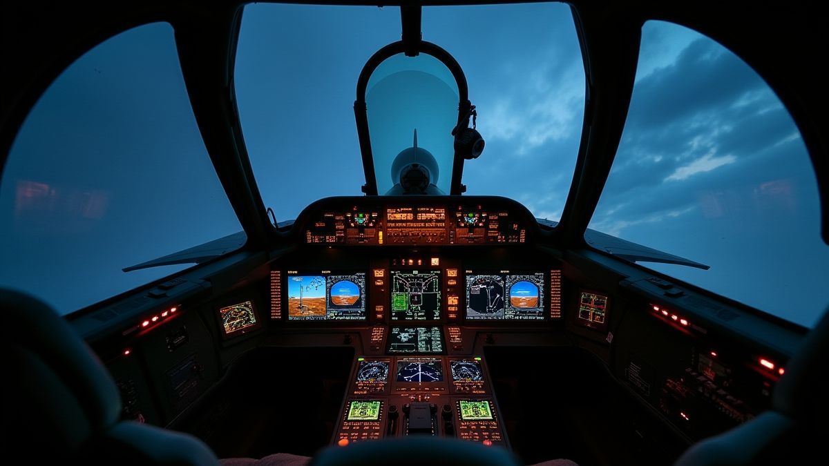Cockpit view of a futuristic fighter jet with glowing controls.