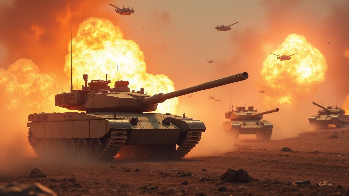 Explosions on a futuristic battlefield with tanks and vehicles.