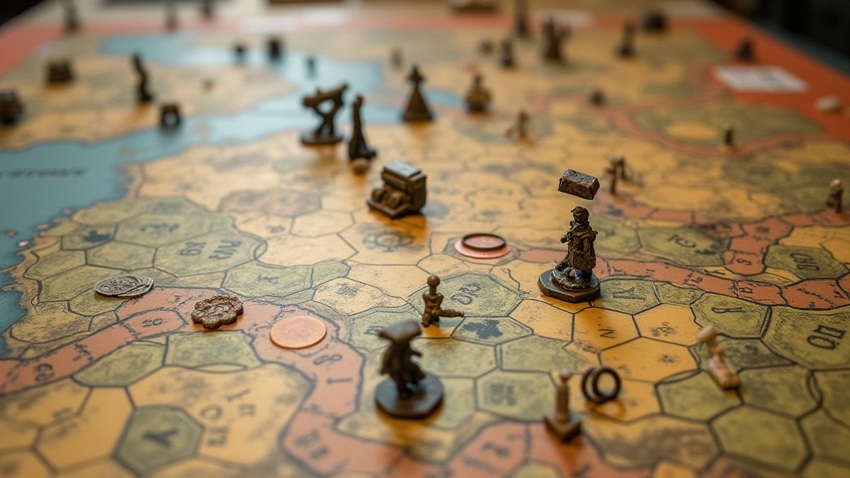 Strategy board with maps and tokens to plan a military mission.