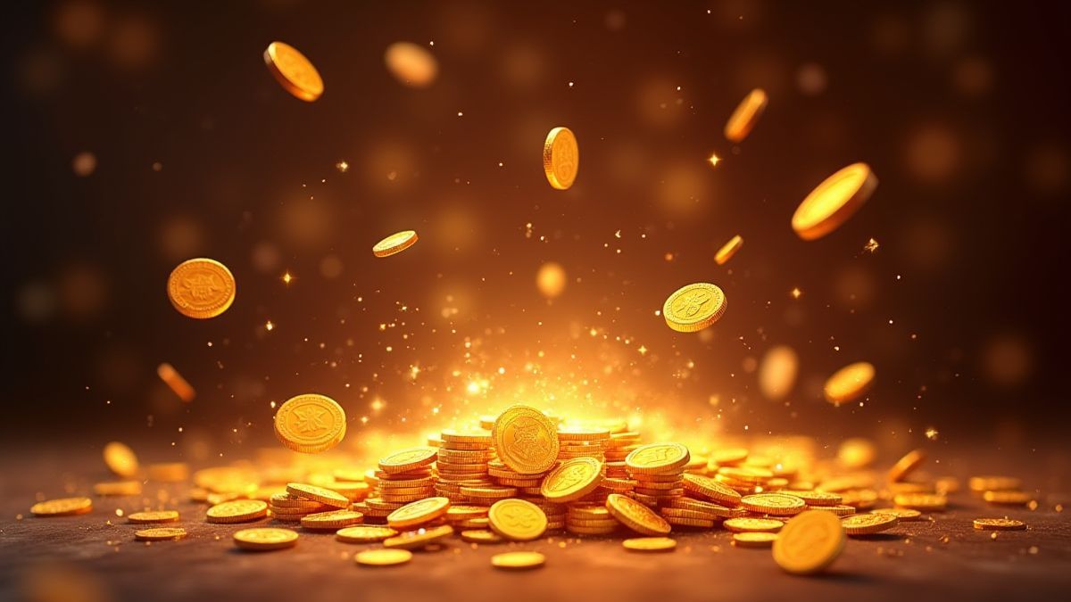 Monedas brillantes dispersándose en la cuadrícula de juego.
