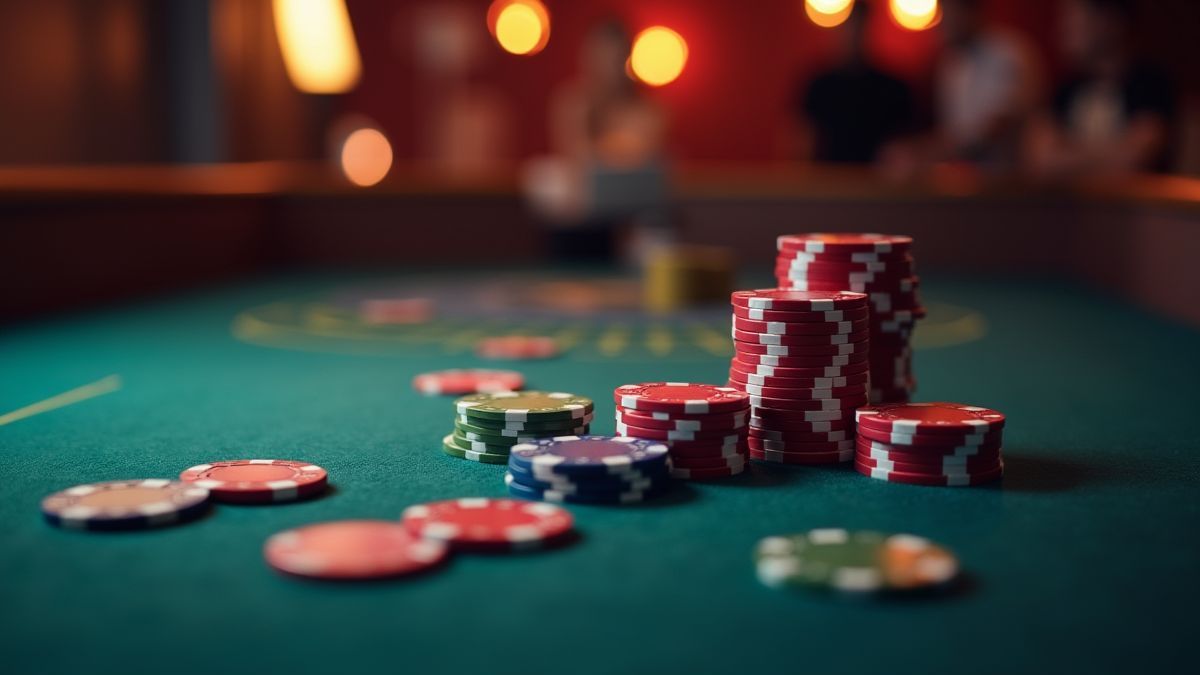 Poker chips on a casino table.