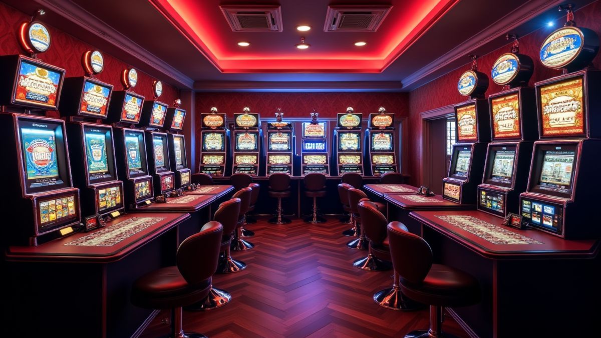 Interior of a casino with slot machines and poker tables.