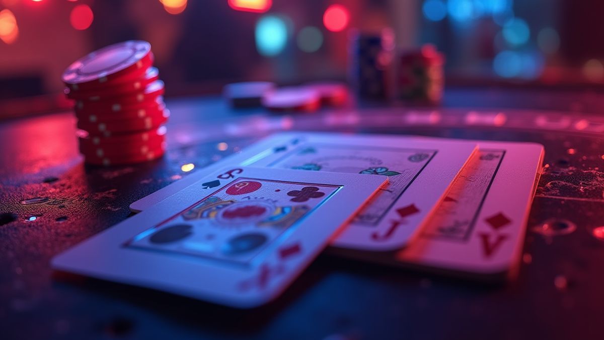 Casino scene with poker cards and chips glowing under neon lights.