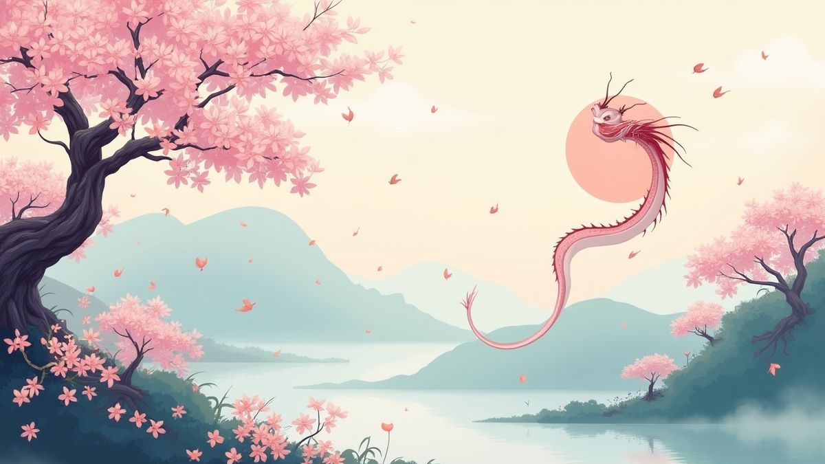 Paisagem asiática com flores de cerezo e um dragão voando.