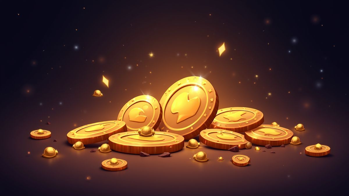 Moedas brilhantes e diamantes resplandecentes em fundo escuro.