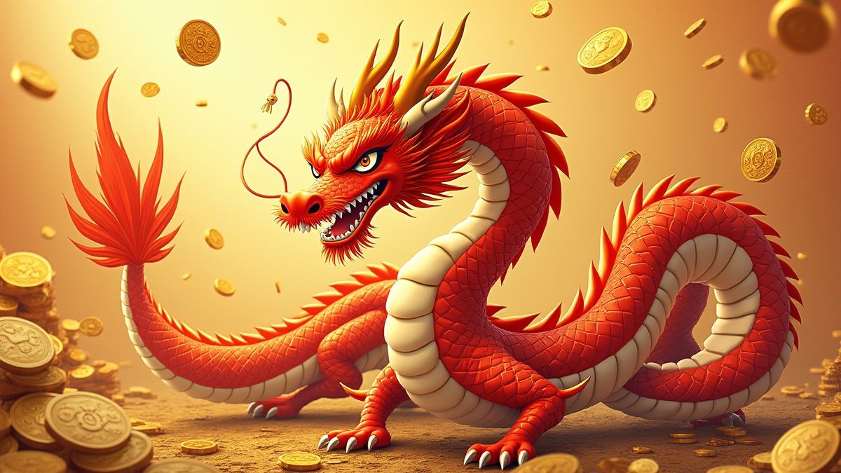 Dragão asiático rodeado de moedas de ouro e tesouros.
