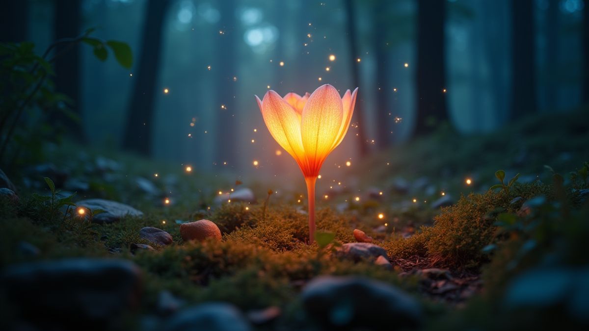 Glowing flower in a magical forest with sparkles and mist.