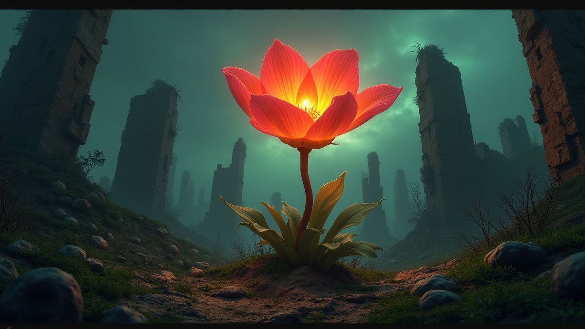 Una flor tóxica brillante rodeada de ruinas desoladas y vegetación salvaje.