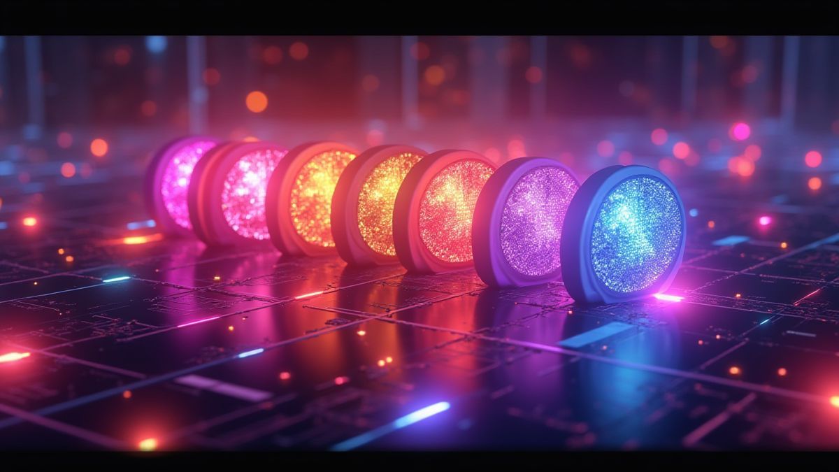 Representación vibrante de multiplicadores brillantes en una rejilla futurista.