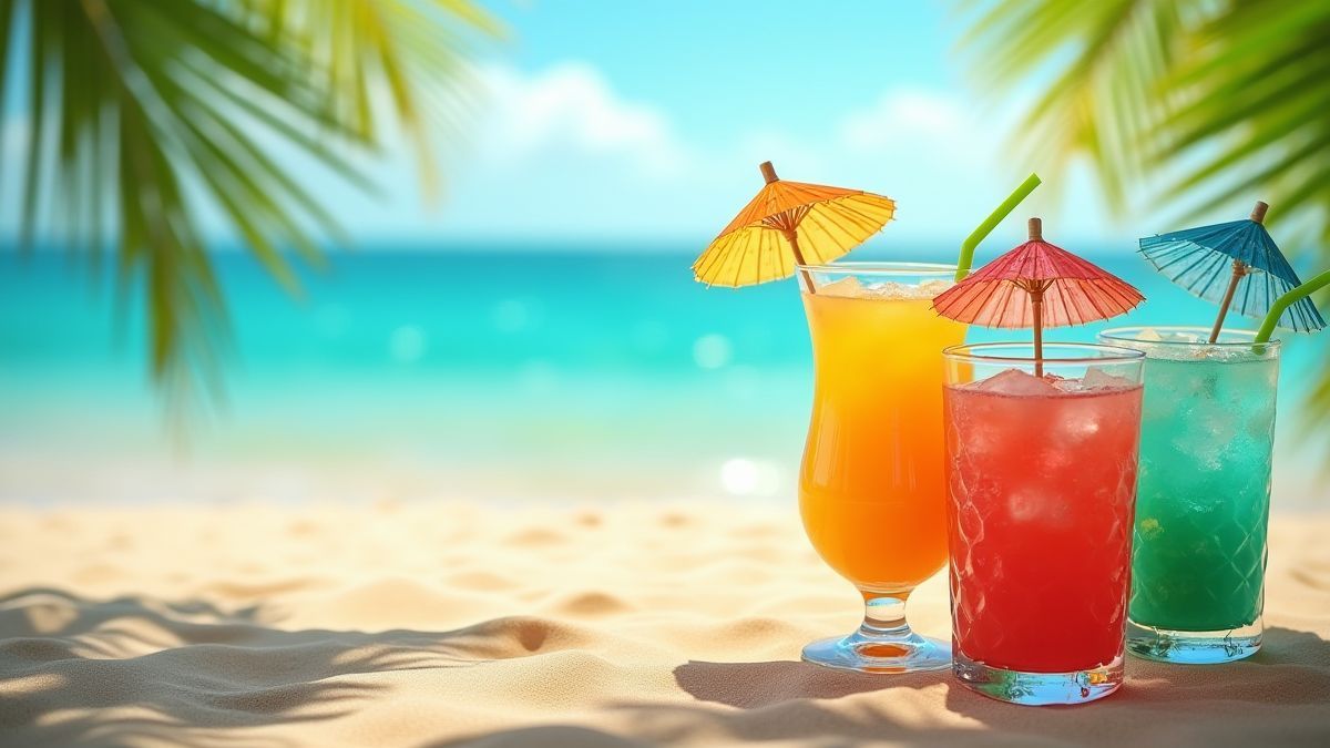 Cócteles tropicales coloridos con hojas de palmera.