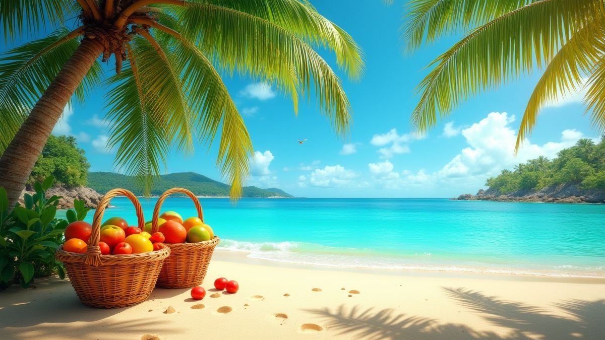 Paraíso tropical con arena dorada y agua turquesa.