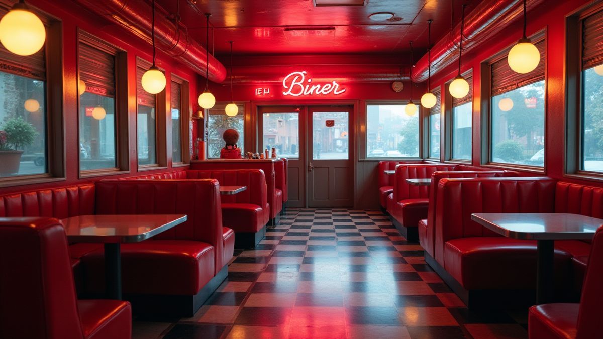 Innenansicht eines retro amerikanischen Diners mit schachbrettartigen Böden und Neon-Schildern.