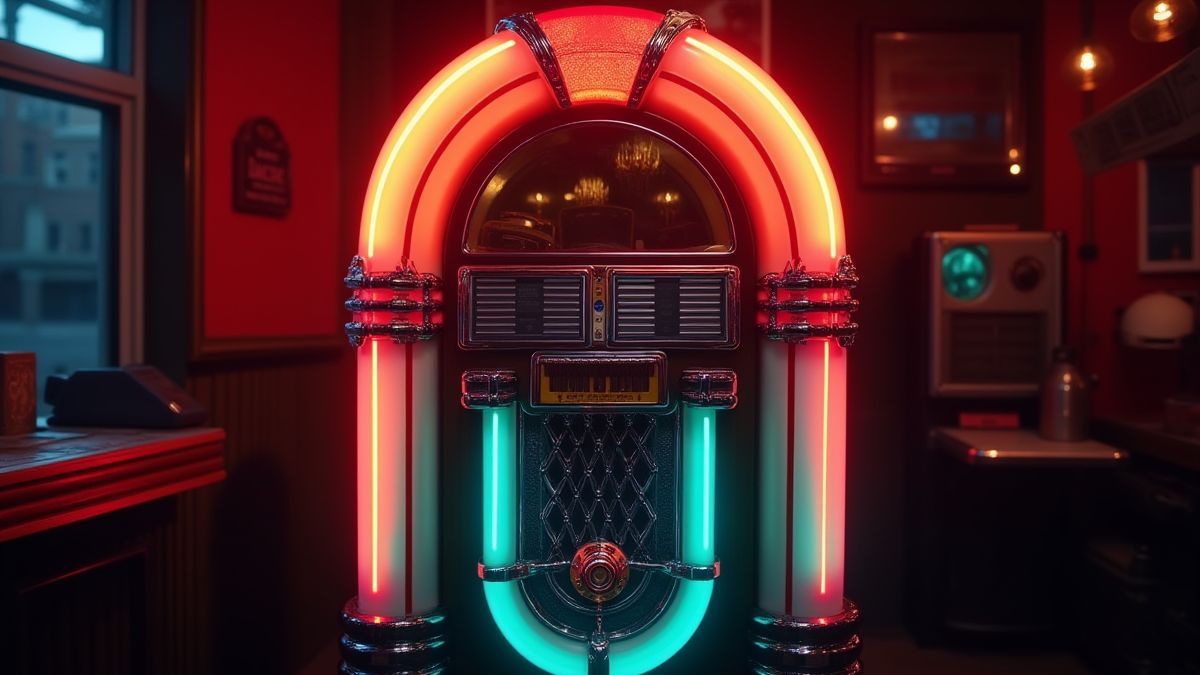 Eine beleuchtete Jukebox in einer Retro-Umgebung.