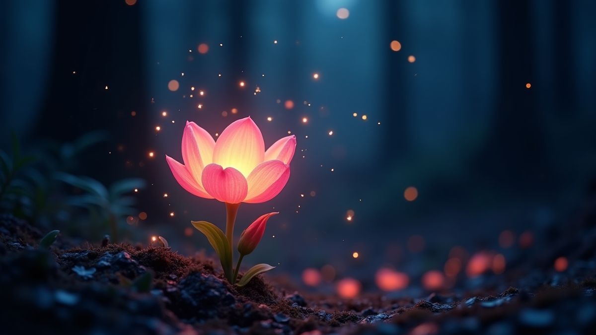 Una flor brillante rodeada de destellos mágicos en un bosque oscuro.