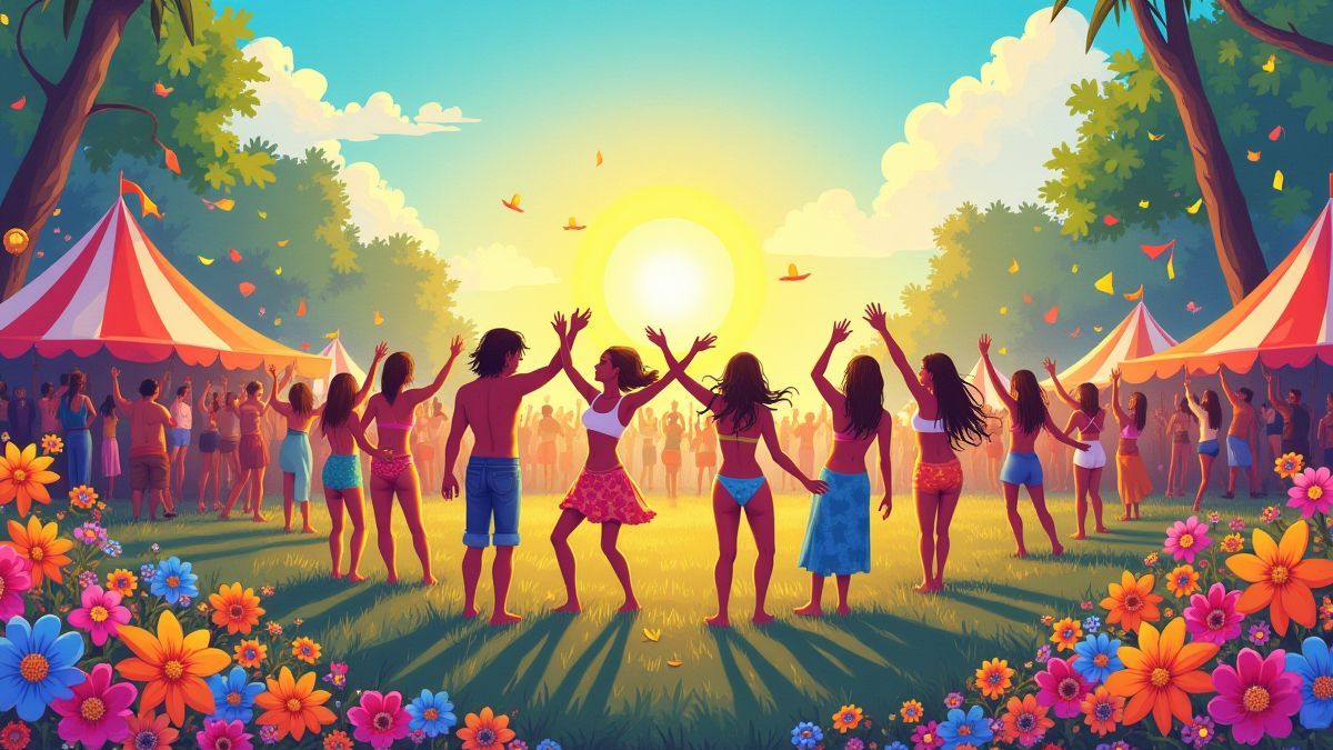Festival hippie vol kleuren en bloemen.