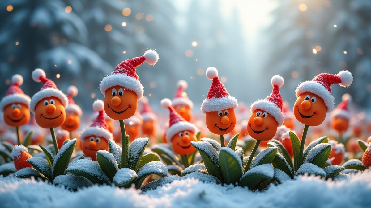 Verschneiter Weihnachtsgarten mit animierten Blumen mit Santa-Hüten.