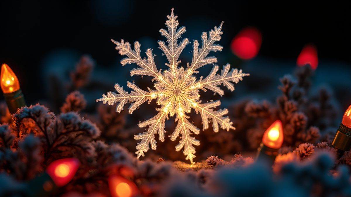 Leuchtende Schneeflocke umgeben von festlichen Weihnachtslichtern.