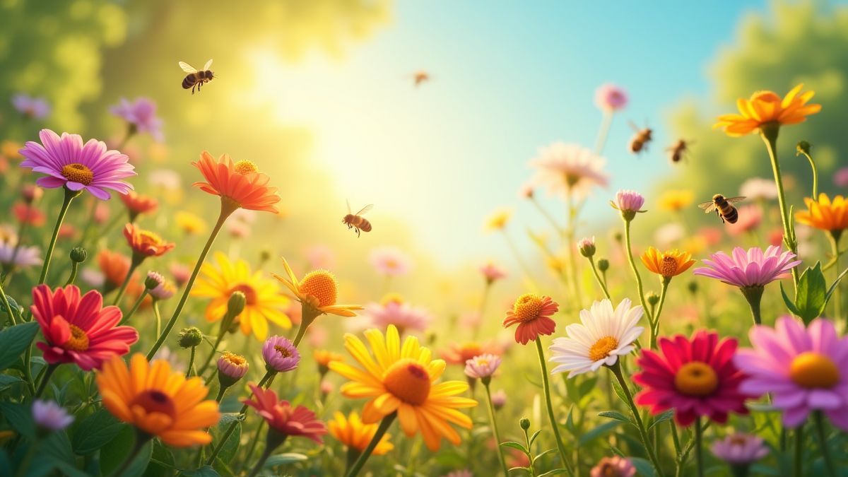 Un jardin soleillé rempli de fleurs et d'abeilles.
