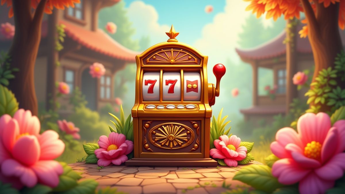 Une interface animée d'une machine à sous entourée de fleurs.