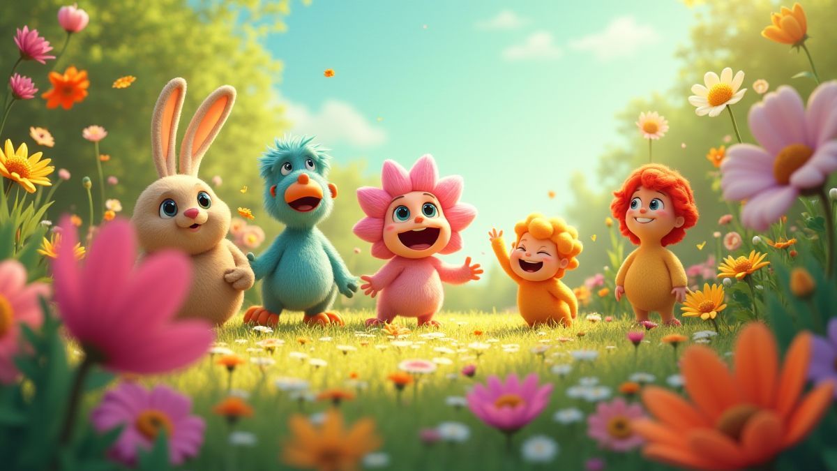 Une fête dans le jardin avec des fleurs animées.