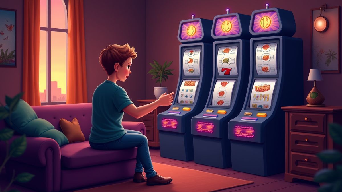 Joueur ajustant les paramètres d'une machine à sous dans une pièce confortable.