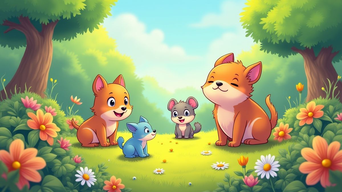 Um jardim animado cheio de cor e animais brincando.