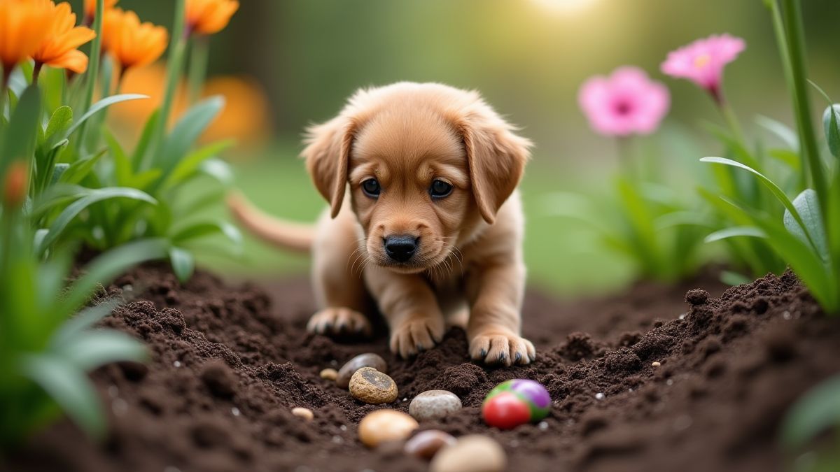 Um cachorro escava em um jardim em busca de tesouros escondidos.