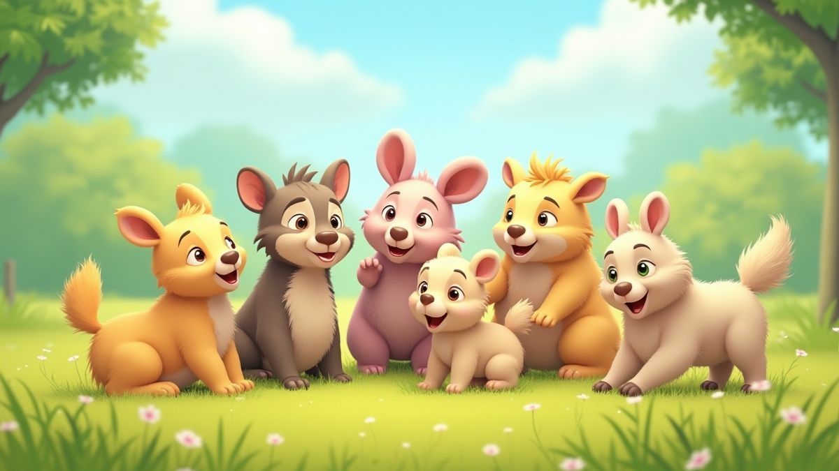 Um grupo de animais animados jogando juntos em um prado ensolarado.