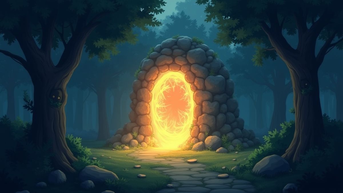 A magical portal glowing in an enchanted forest.