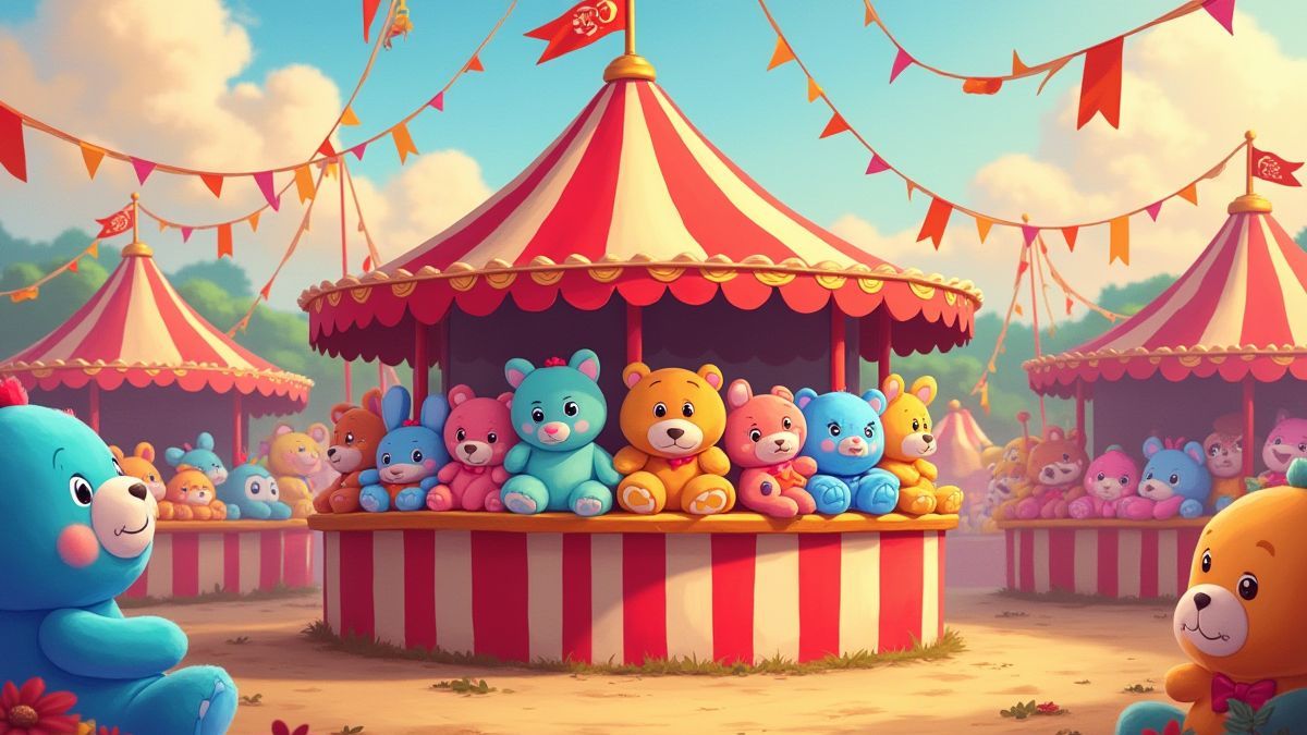 Carnival booth with plush toys as prizes.