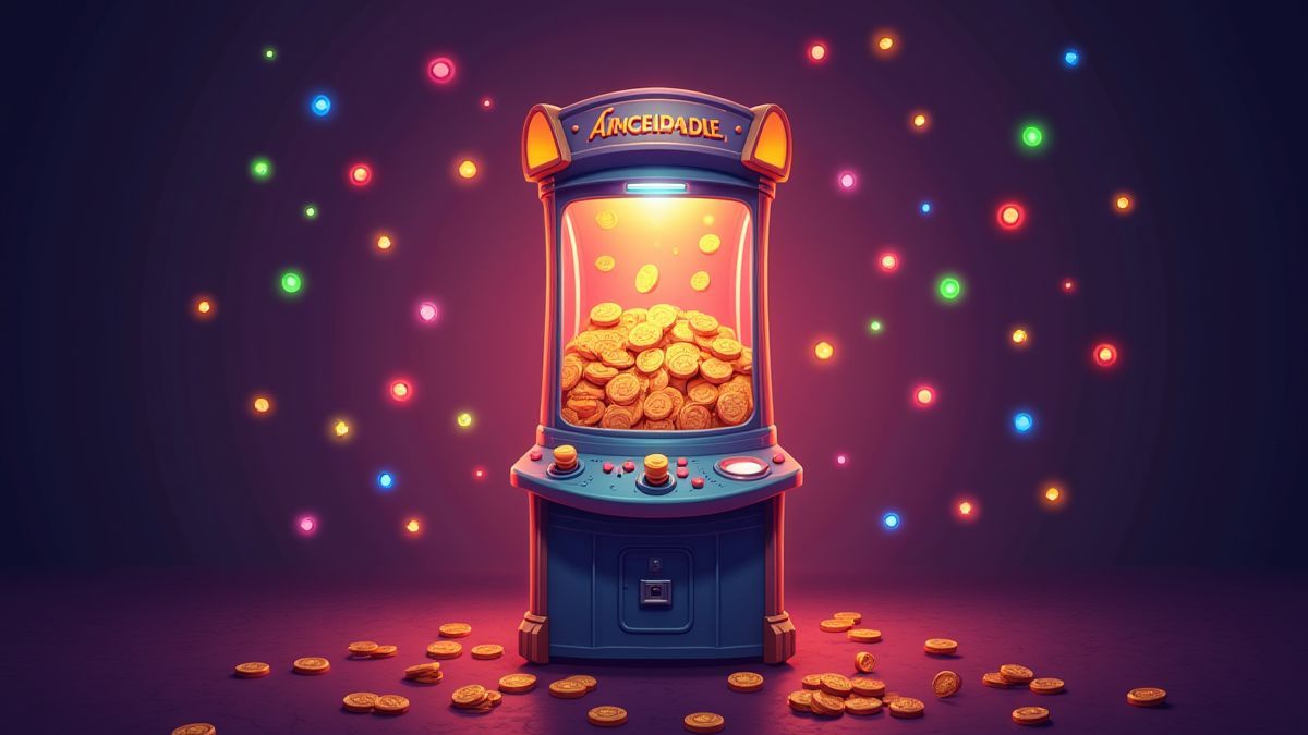 Coin pusher machine in an arcade with bright lights.