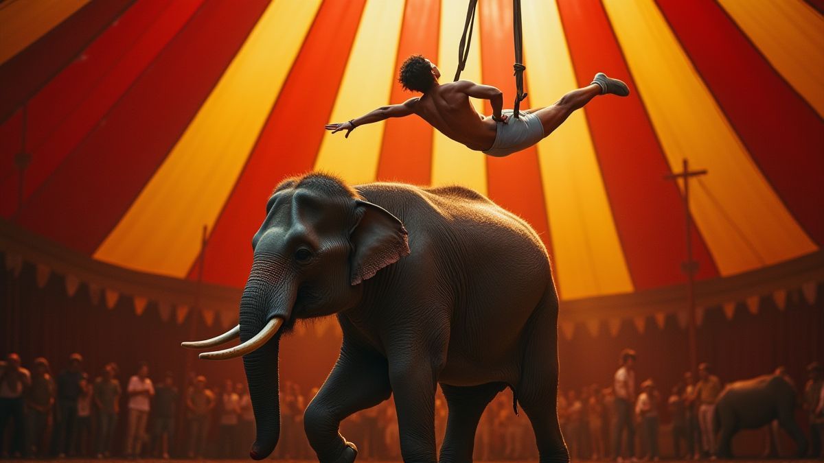 Trapecista en movimiento sobre un elefante en una carpa de circo.