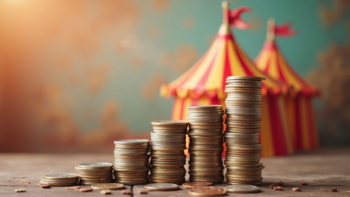 Montón de monedas junto a una carpa de circo.