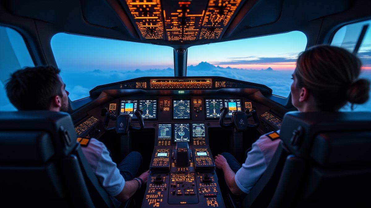Cabina de avião futurista com controles iluminados e piloto desfrutando das vistas.