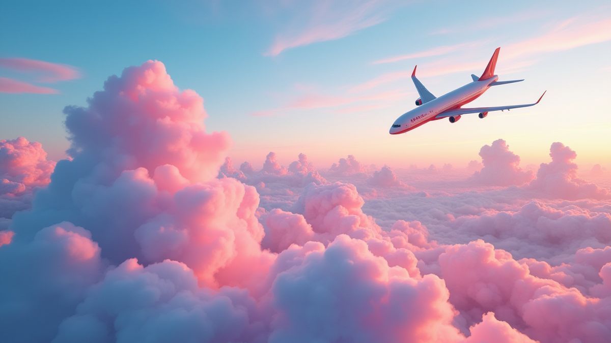 Vista aérea colorida do céu com nuvens vibrantes e um avião futurista.