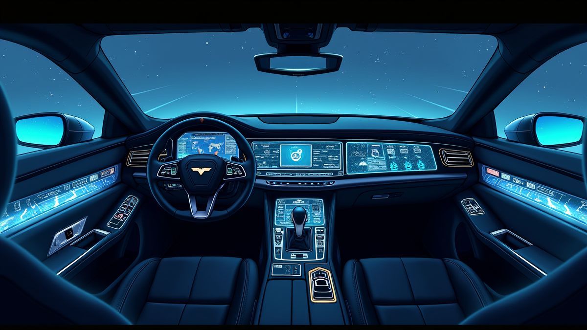 Um painel de controle futurista com botões e telas luminosas.