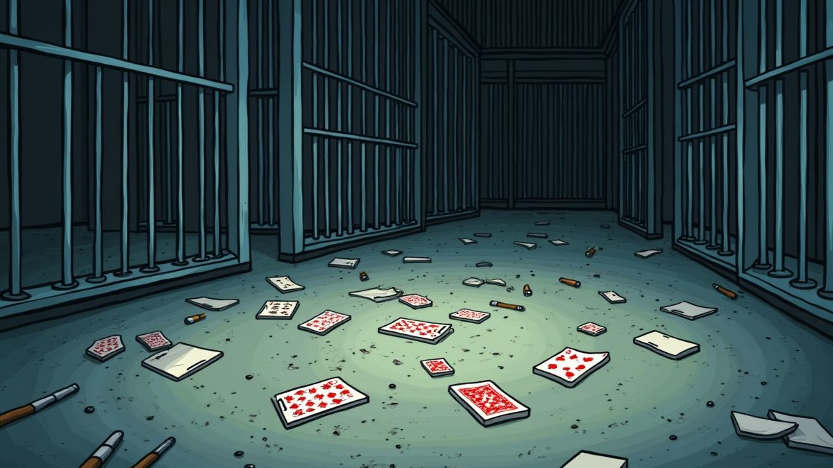 Celda de prisi&oacute;n con objetos dispersos como cartas y cigarrillos en el suelo.
